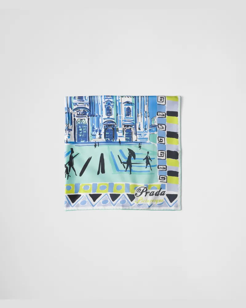 Prada Pittoresque-Tuch aus Seide mit Mailand-Print, 90 x 90 Himmelblau