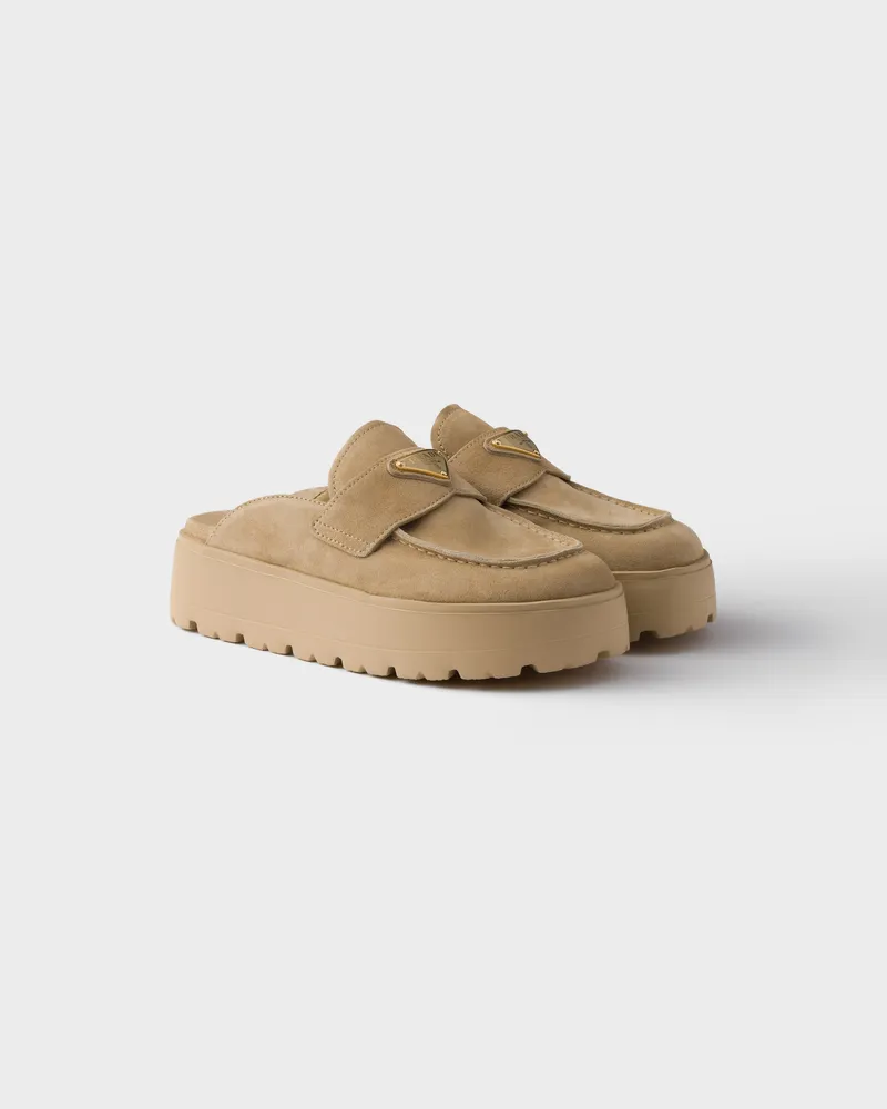 Prada Mules aus Wildleder mit Plateau Ecru