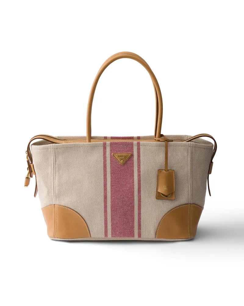Prada Große Tote Bag Aus Canvas Und Leder, Damen, Hellbraun/rot Hellbraun