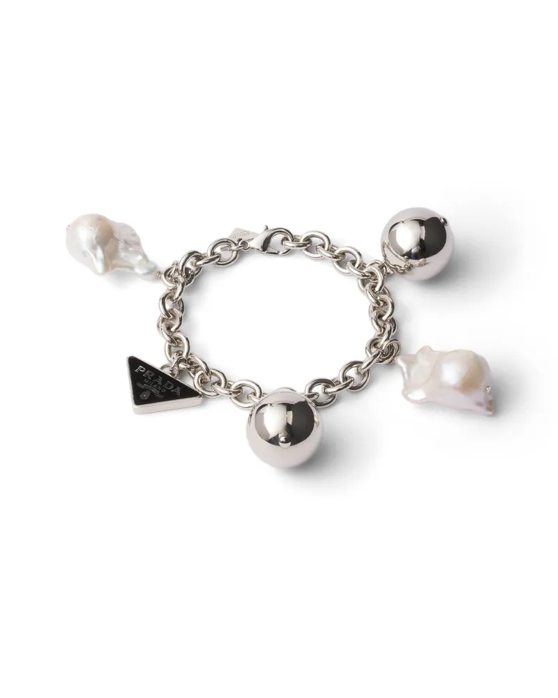 Prada Armband Aus Metall Mit Perlen, Damen, Stahl/perlgrau, Größe Stahl