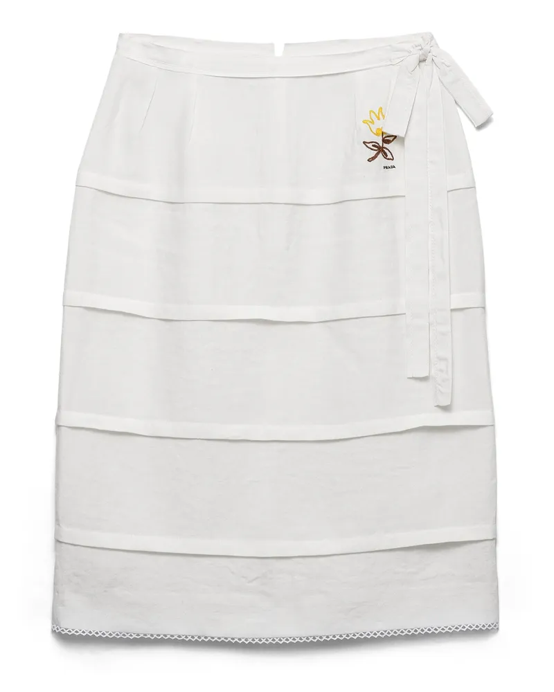 Prada Rock Aus Slub-leinen Mit Stickerei, Damen, Weiss, Größe Weiss