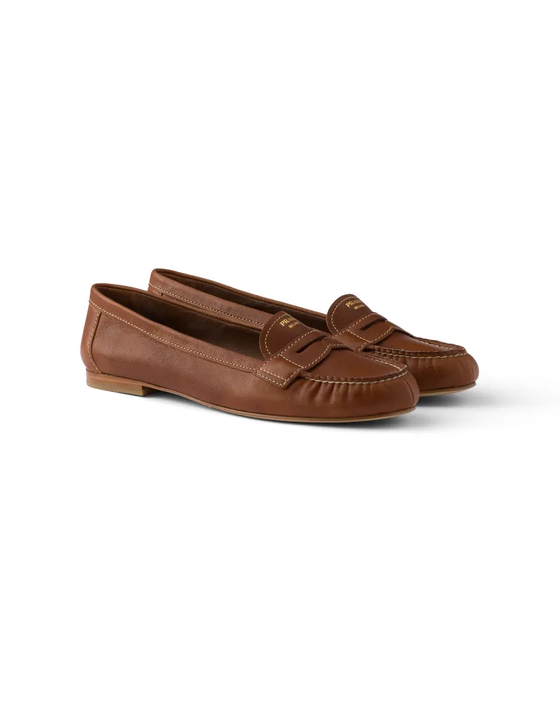 Prada Leather Loafers, Damen, Eiche, Größe Eiche