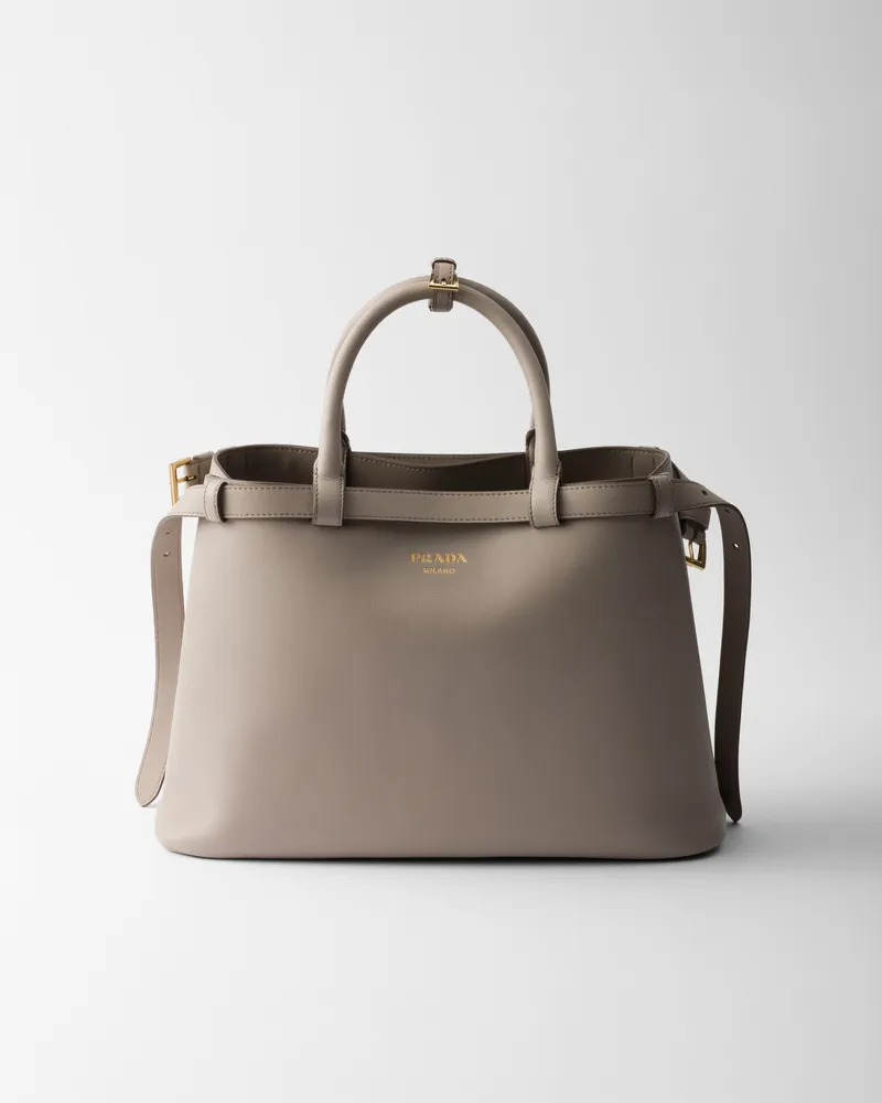 Prada Mittelgroße  Buckle Handtasche aus Leder mit doppeltem Gürtel Bimsstein
