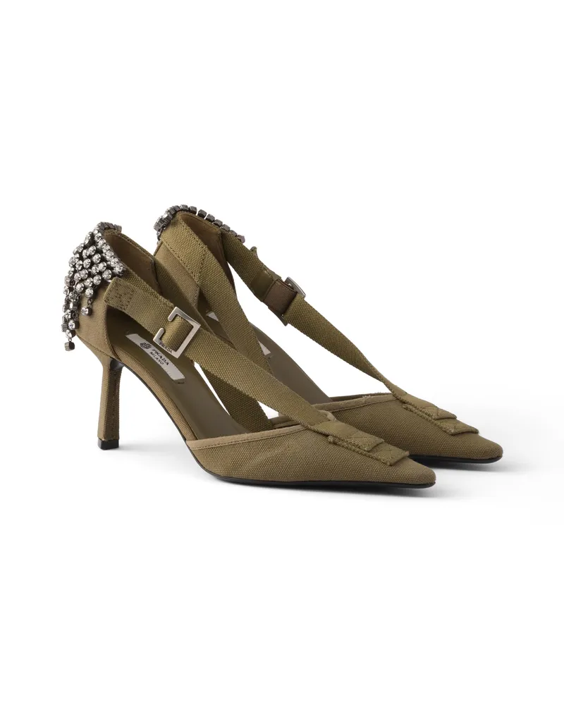 Prada Pumps Aus Canvas Mit Kristallen, Damen, Militärgrün, Größe Militärgrün