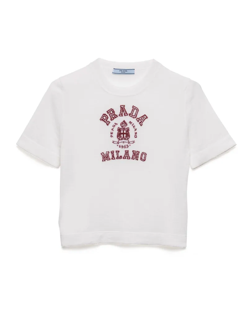 Prada Intarsien-t-shirt Aus Kaschmir, Damen, Weiss/burgunderrot, Größe Weiss