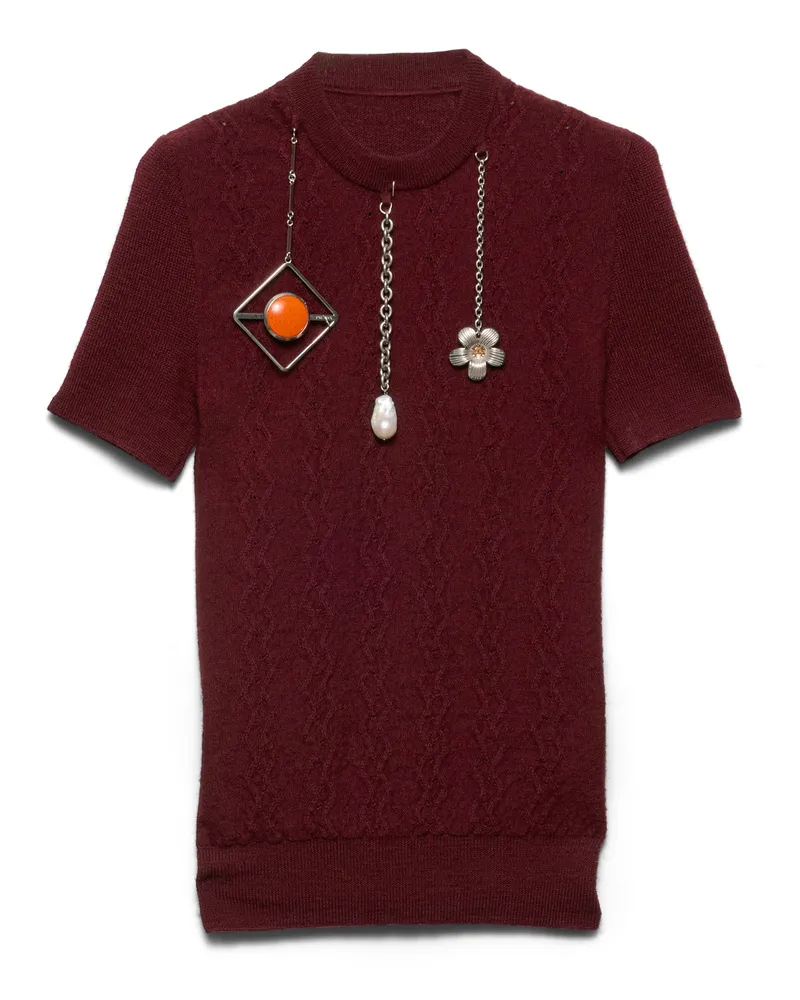 Prada Kurzarm-pullover Aus Wolle Mit Anhängern, Damen, Amaranthrot/maisgelb, Größe Amaranthrot