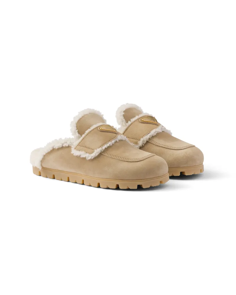 Prada Slipper Aus Wildleder Und Lammfell, Damen, Ecru, Größe Ecru