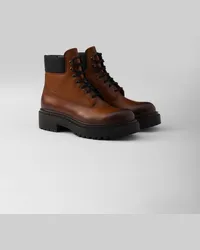 Prada Work Boots aus Leder und Re-Nylon Cognac