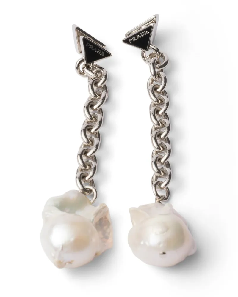 Prada Ohrringe Aus Metall Und Perle, Damen, Stahl/perlgrau Stahl