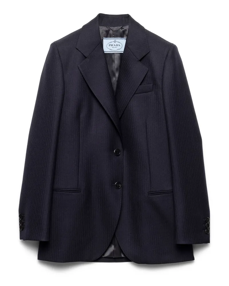 Prada Einreihige Jacke Aus Fischgrätmuster, Damen, Blau, Größe Blau