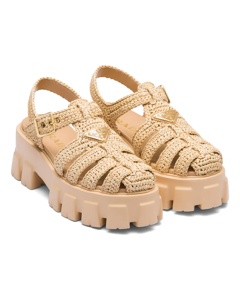 Prada Gehäkelte Monolith Riemchensandalen, Damen, Natur, Größe Natur