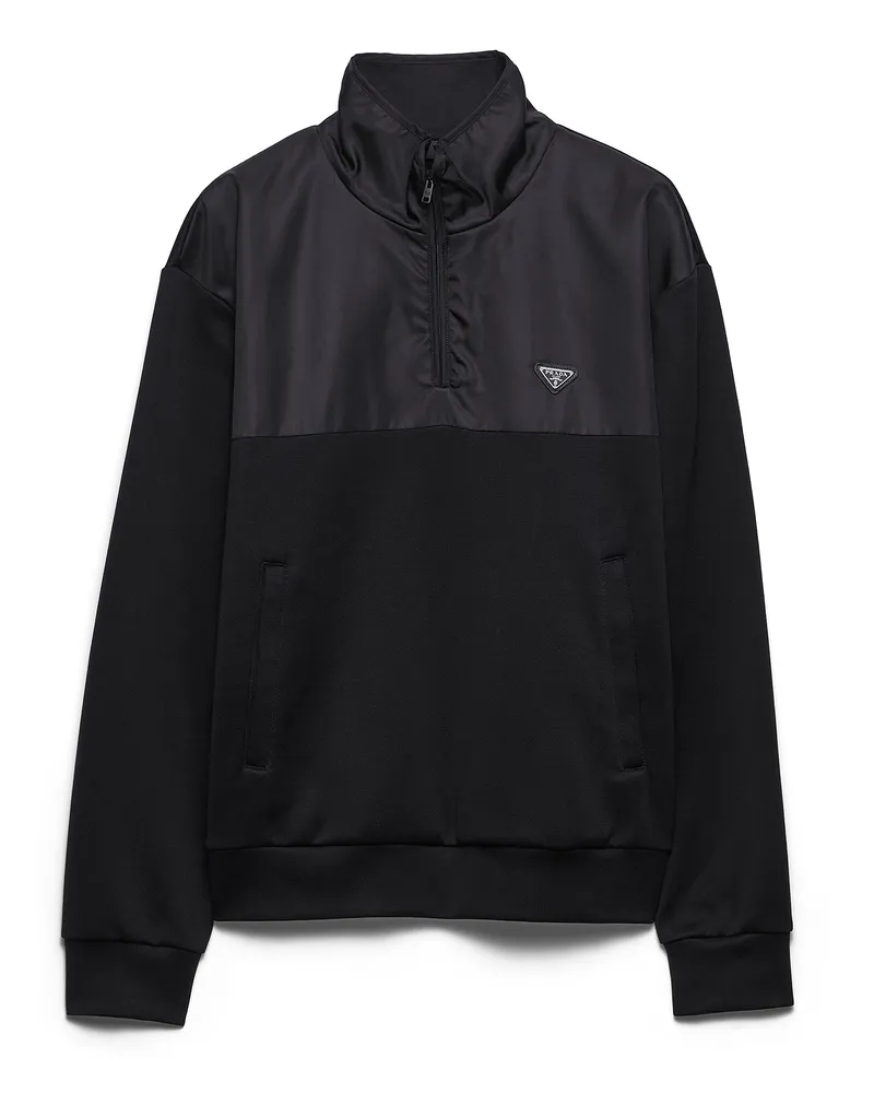 Prada Sweatshirt Aus Baumwollfleece Mit Halbem Reißverschluss Und Details Aus Re-nylon, Herren, Schwarz/schwarz, Größe Schwarz