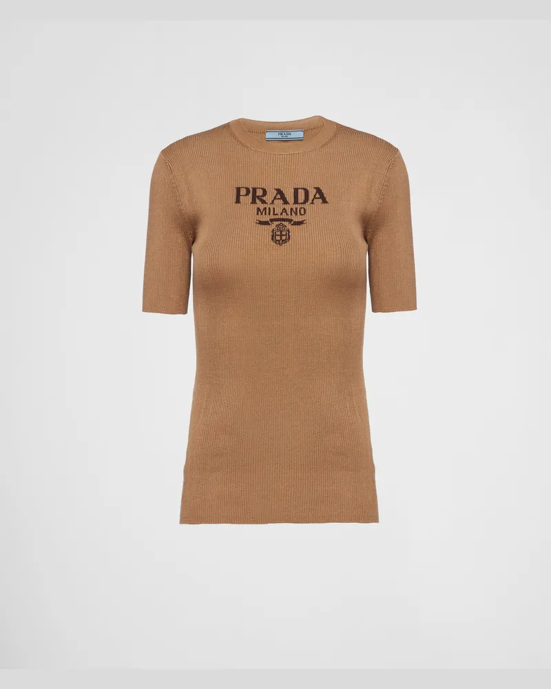 Prada Rundhalspullover aus Seide mit Logo Kamelbraun