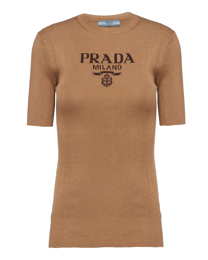 Prada Rundhalspullover Aus Seide Mit Logo, Damen, Kamelbraun, Größe Kamelbraun