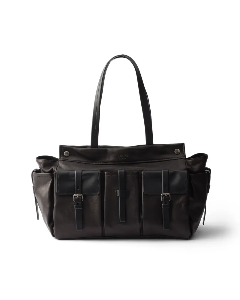 Prada Route Leather Tote Bag, Herren, Schwarz Schwarz