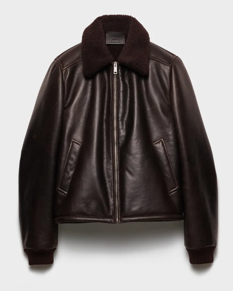 Prada Jacke aus Leder und Shearling Ebenholz