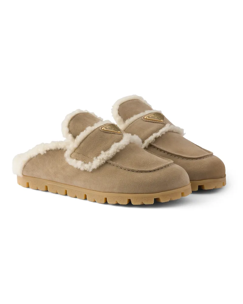 Prada Mules Aus Wildleder Und Lammfell, Damen, Wüstenbeige, Größe Wüstenbeige