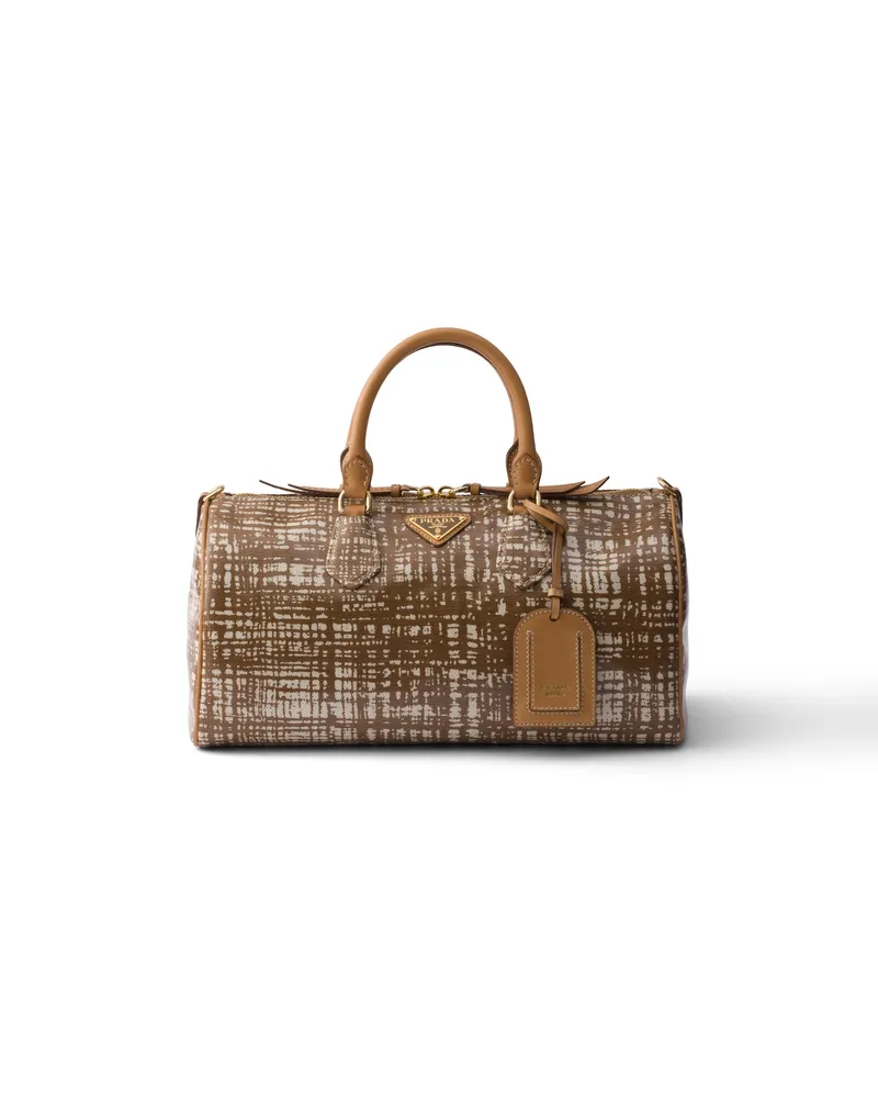Prada Mittelgroße Henkeltasche Aus Leinenmischgewebe Und Leder, Damen, Brandy Brandy