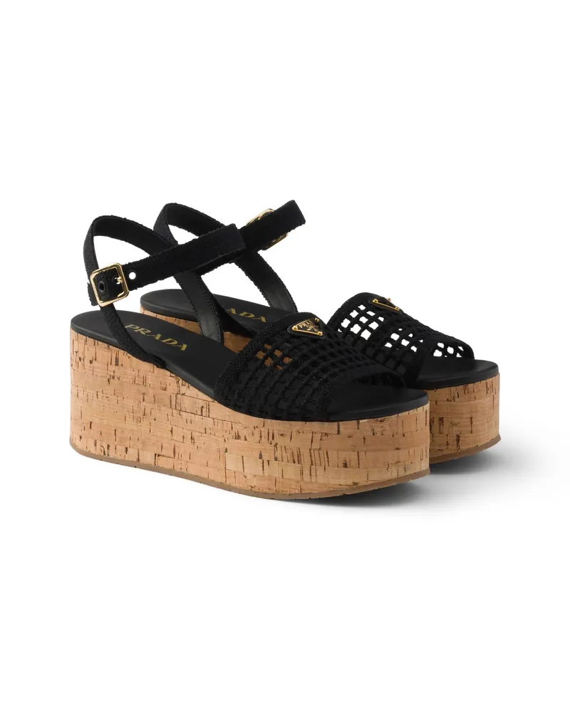 Prada Plateausandalen Aus Häkelarbeit Mit Keilabsatz, Damen, Schwarz, Größe Schwarz