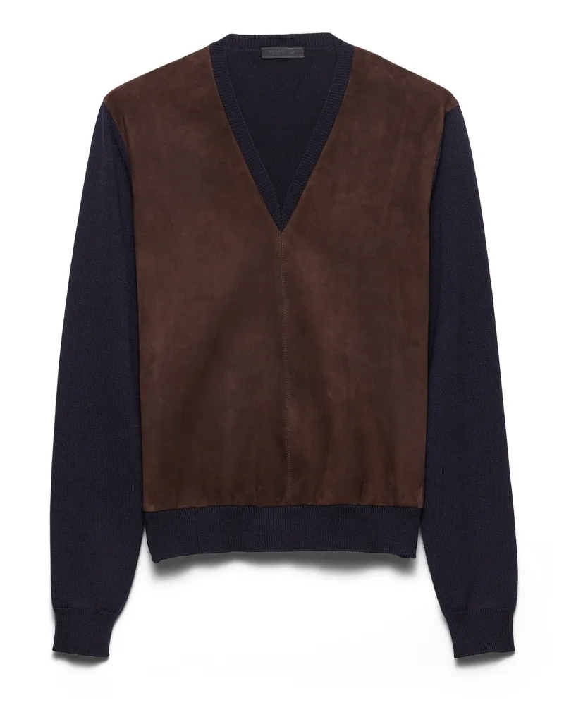 Prada Pullover Aus Superfine-wool Und Wildleder, Herren, Blau, Größe Blau