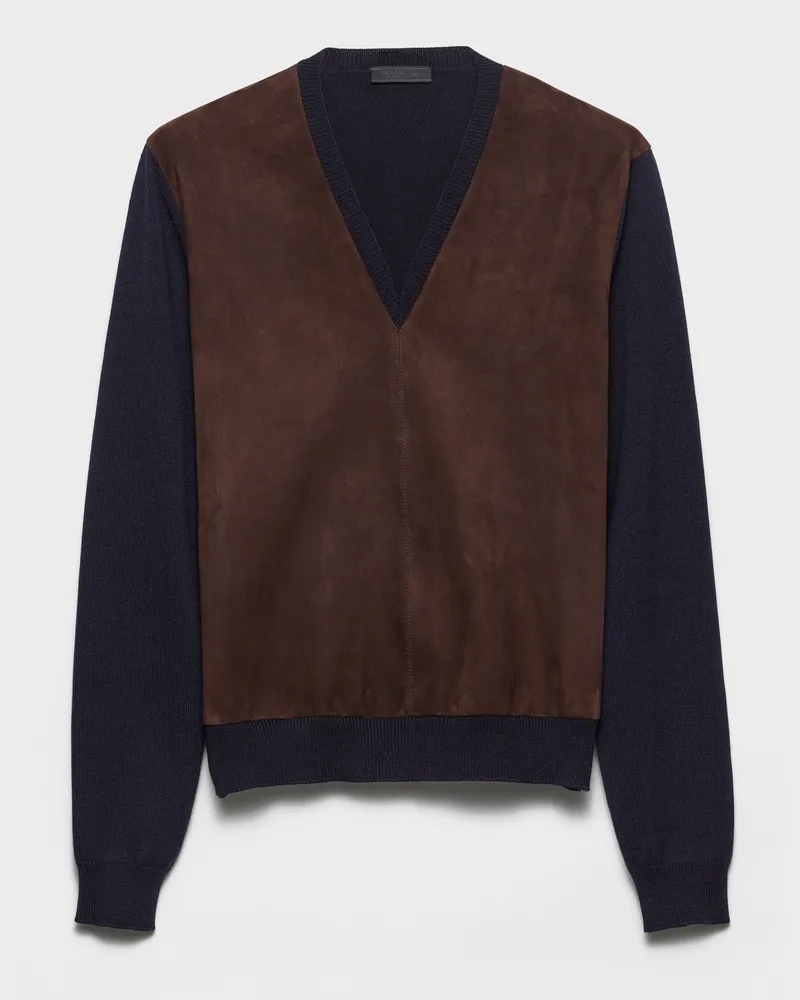 Prada Pullover aus Superfine-Wool und Wildleder Blau