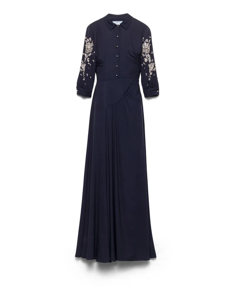 Prada Langes Besticktes Kleid Aus Sablé, Damen, Blau, Größe Blau