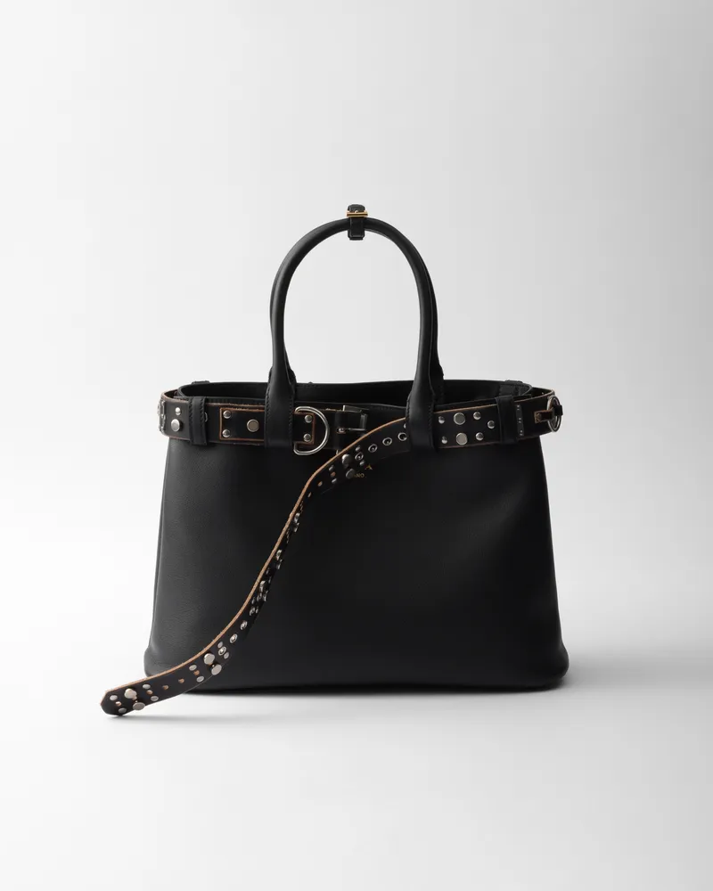 Prada Große  Buckle Tasche aus Leder mit nietenbesetztem Gürtel Schwarz