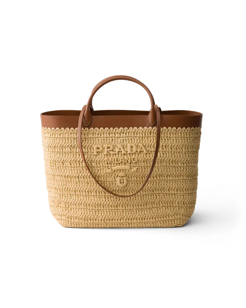 Prada Mittelgroße Tote Bag Aus Häkelarbeit Und Leder, Damen, Natur/cognac Natur