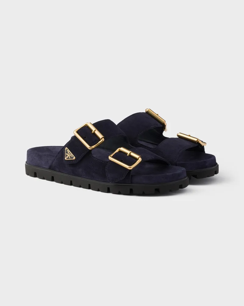 Prada Pantoletten aus Wildleder mit Riemen Blau