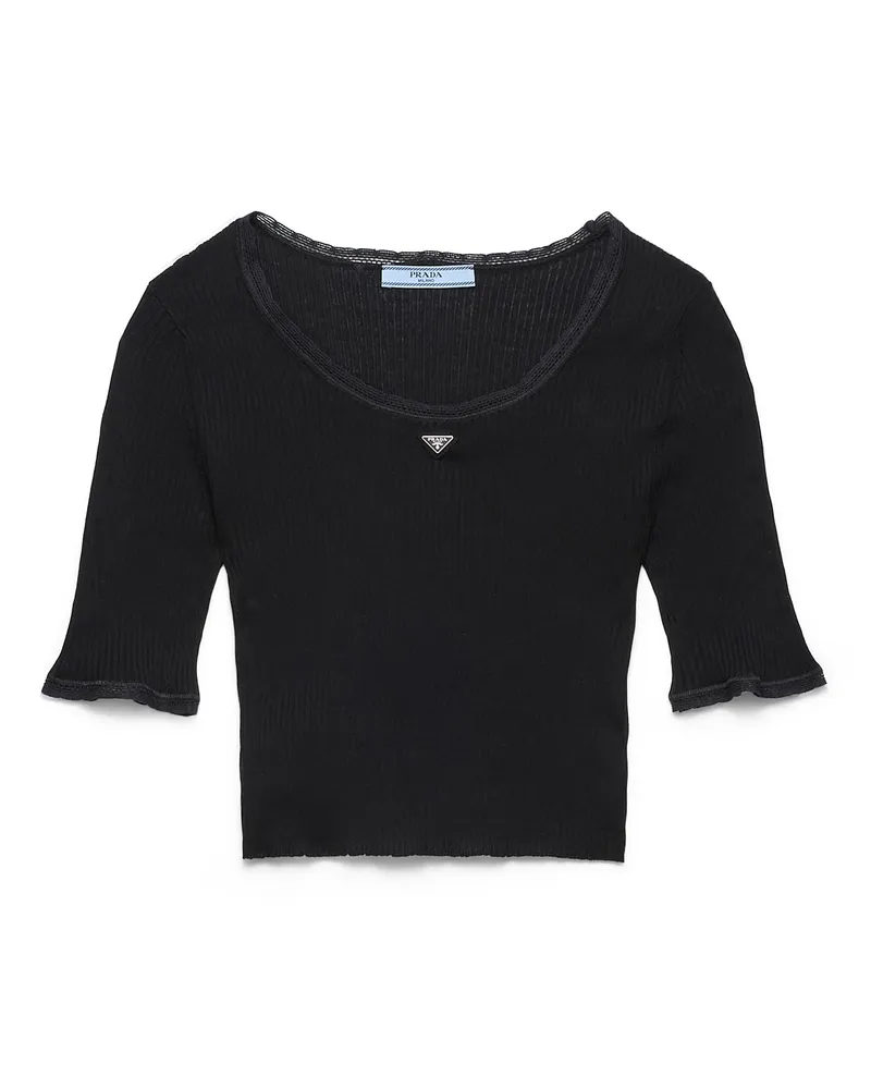Prada Kurzes T-shirt Aus Gerippter Baumwolle, Damen, Schwarz, Größe Schwarz