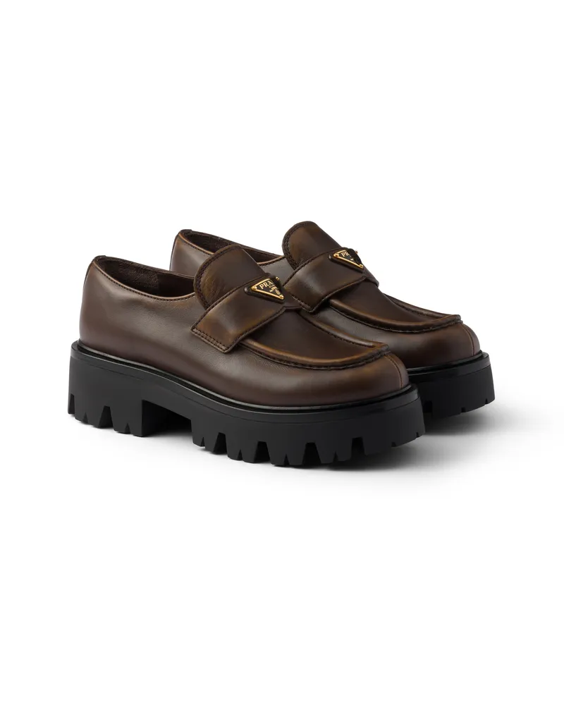 Prada Loafer Aus Leder, Damen, Kakaobraun, Größe Kakaobraun