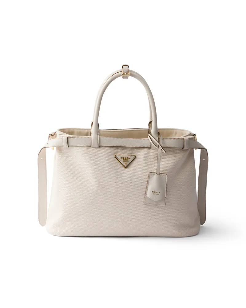 Prada Buckle Mittelgroße Tasche Aus Baumwollcanvas Und Leder, Damen, Weiss Weiss