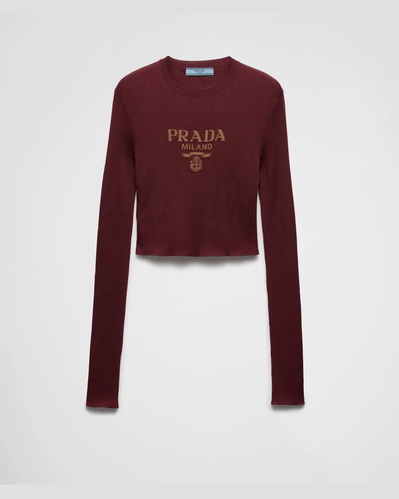 Prada Kurzer Pullover aus Seide mit Logo Amaranthrot