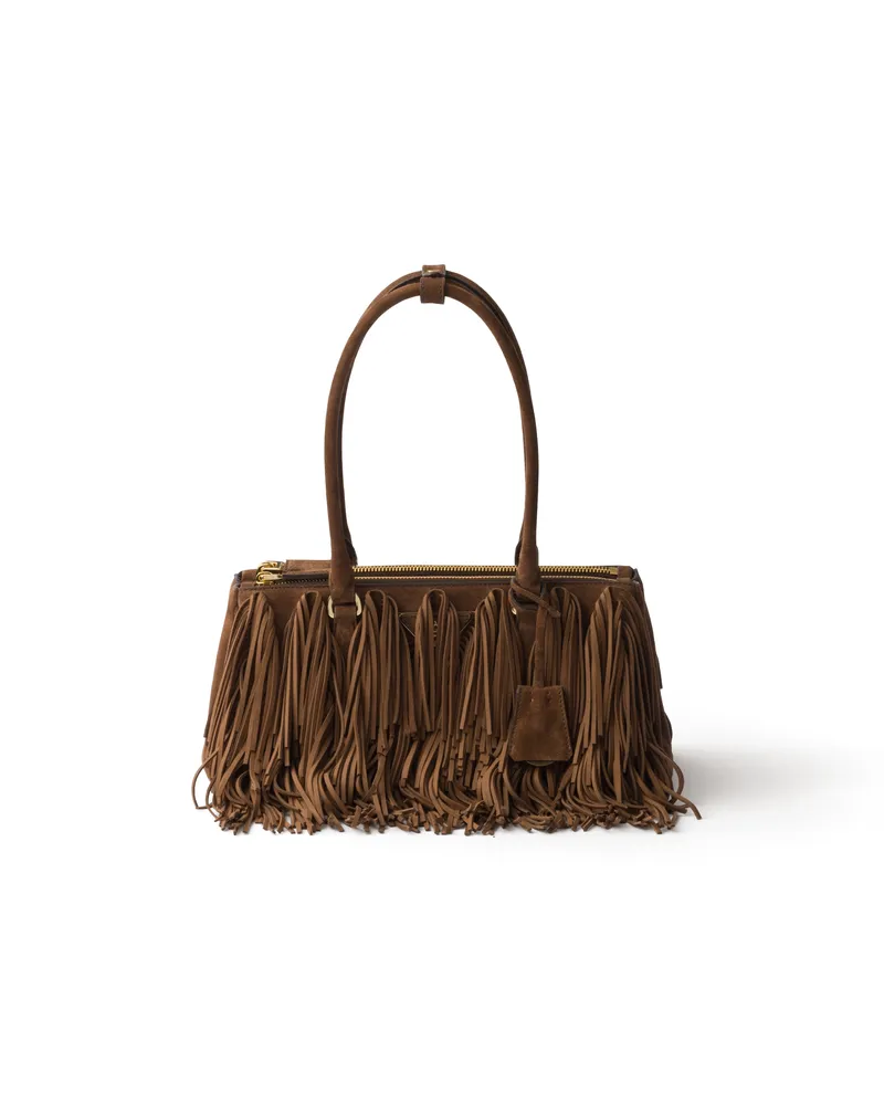 Prada Mittelgroße  Galleria Tasche Aus Wildleder Mit Fransen, Damen, Kakaobraun Kakaobraun