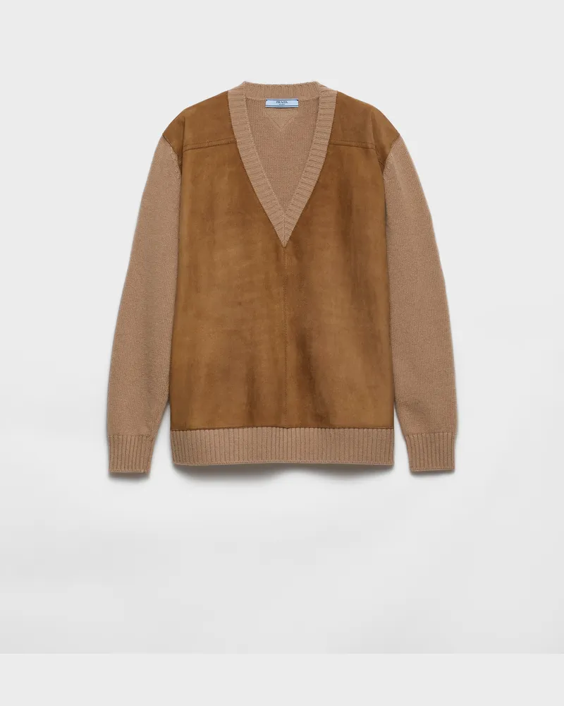 Prada Pullover aus Kaschmir, Wolle und Veloursleder Kamel
