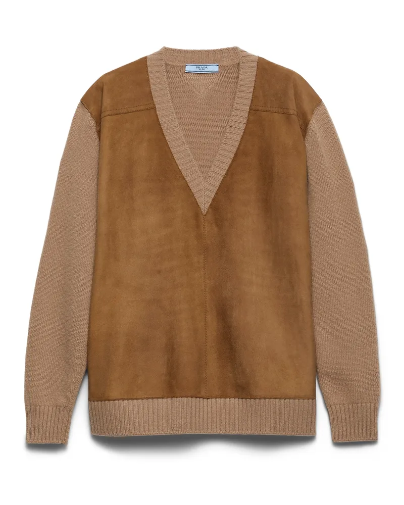 Prada Pullover Aus Kaschmir, Wolle Und Veloursleder, Damen, Kamel/tabak, Größe Kamel