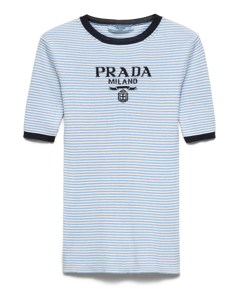 Prada Gestreifter Rundhalspullover Aus Seidenstrick, Damen, Babyblau/weiss, Größe Babyblau