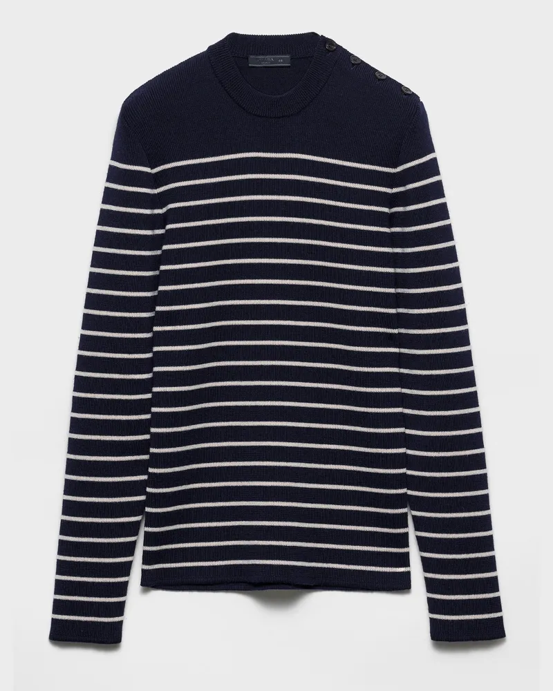 Prada Gestreifter Rundhalspullover aus Superfine-Wool Blau