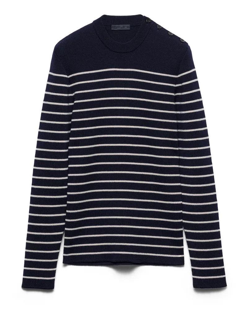 Prada Gestreifter Rundhalspullover Aus Superfine-wool, Herren, Blau, Größe Blau