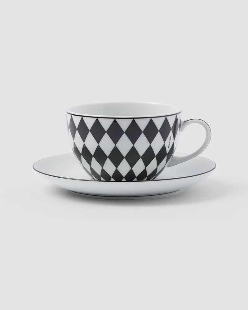Prada Set mit zwei Cappuccinotassen aus Porzellan – Checkerboard Weiss
