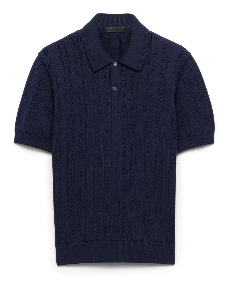 Prada Kurzärmliges Poloshirt Aus Baumwolle Mit Durchbruchmuster, Herren, Blau, Größe Blau