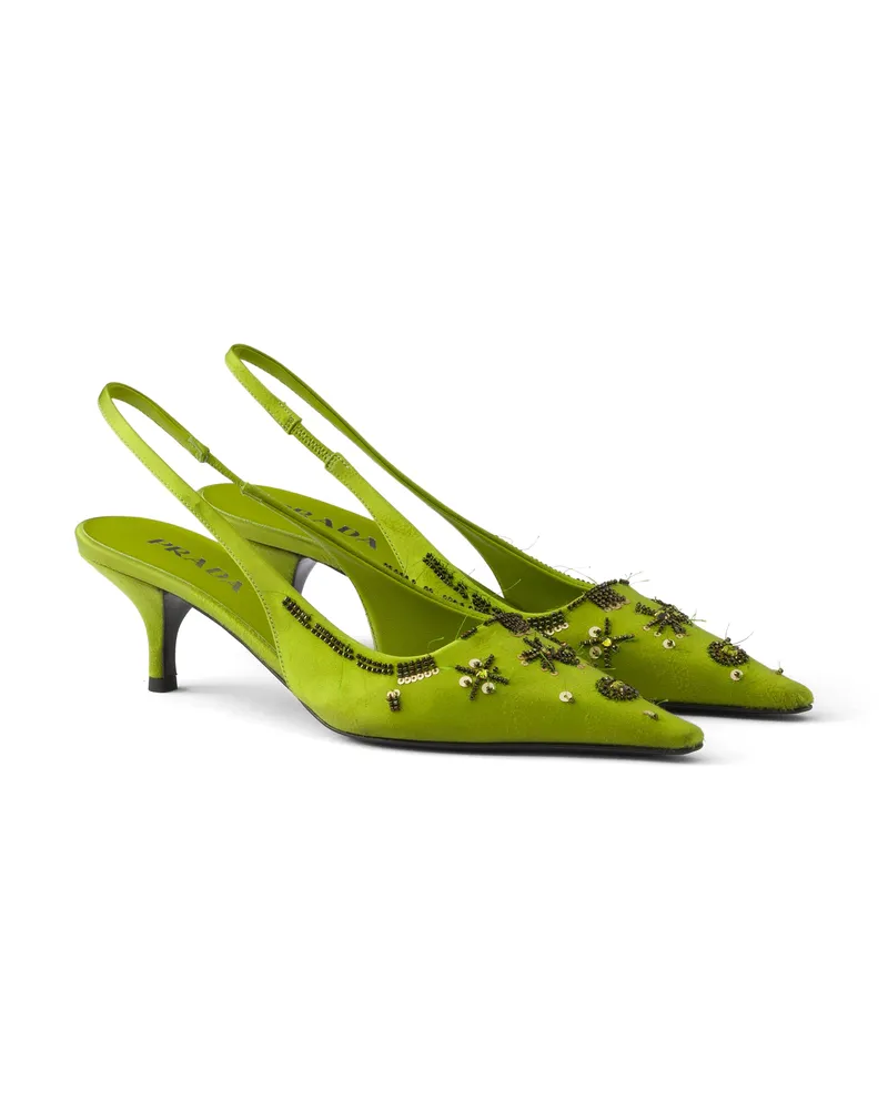 Prada Bestickte Slingback-pumps Aus Satin, Damen, Farngrün, Größe Farngrün