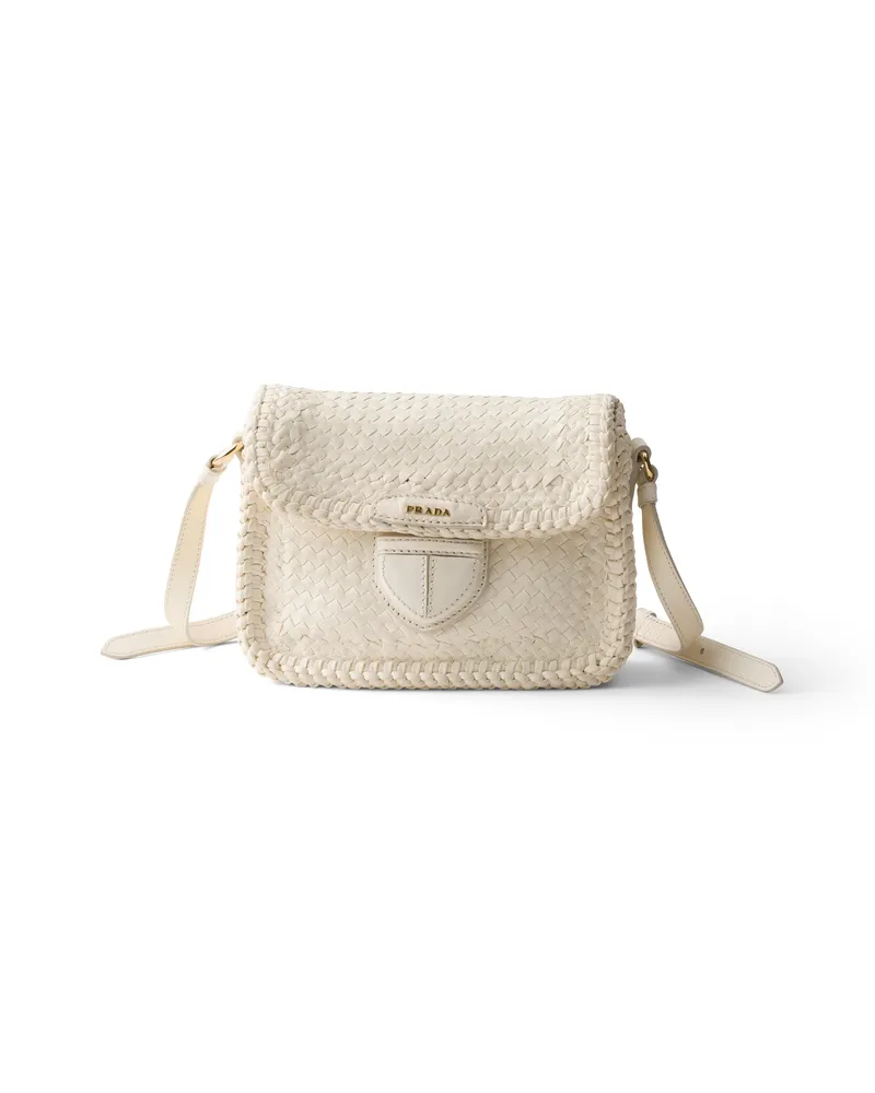Prada Mini-schultertasche Aus Geflochtenem Leder, Damen, Weiss Weiss