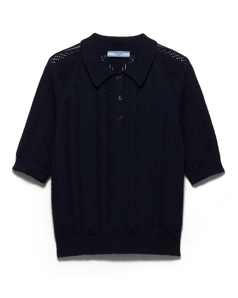 Prada Kurzärmliges Poloshirt Aus Baumwolle Mit Ajourmuster, Damen, Blau, Größe Blau