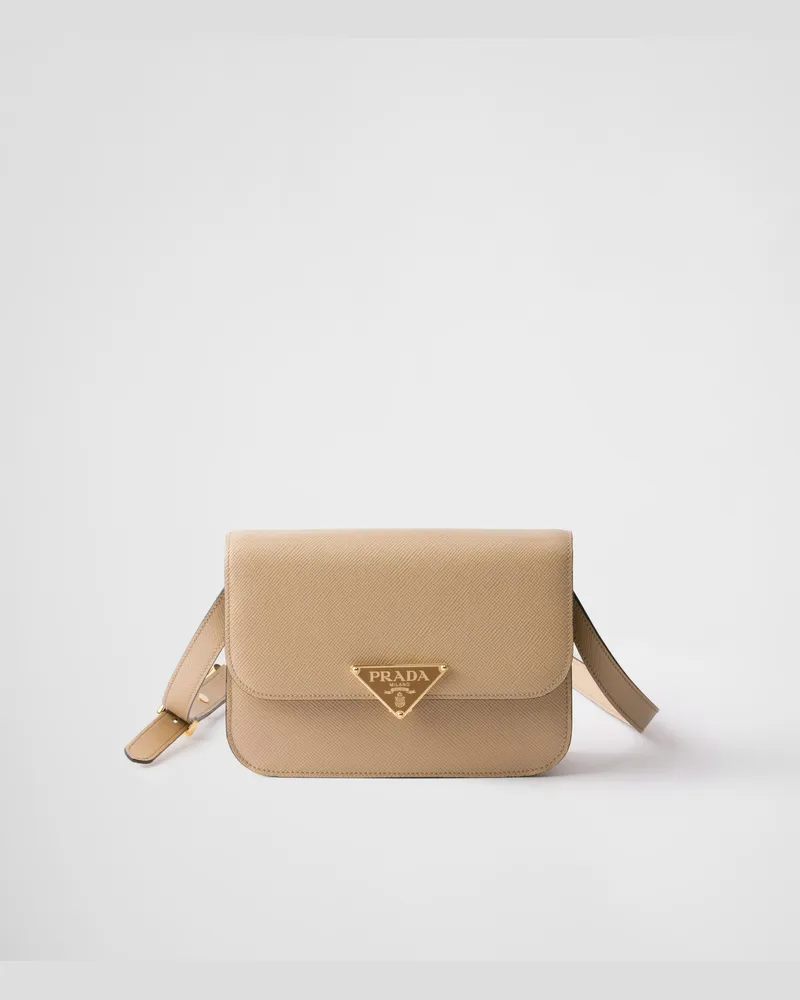 Prada Schultertasche mit Klappe aus Saffiano-Leder Sandbeige