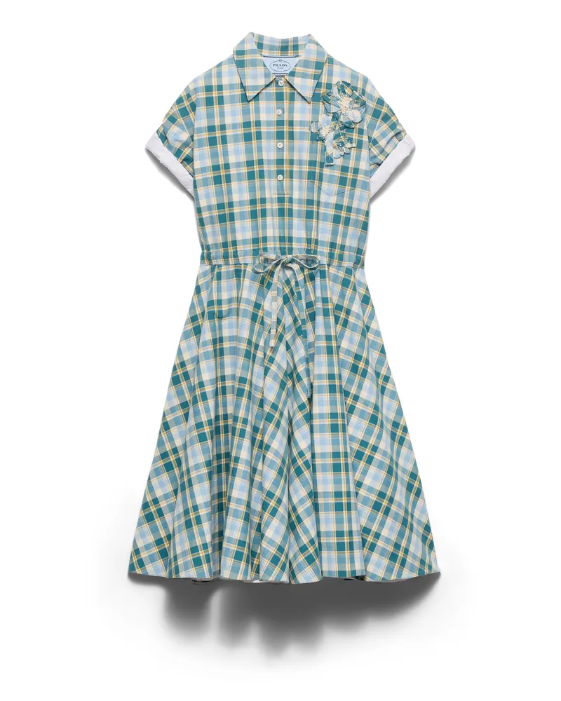 Prada Besticktes Kleid Aus Kariertem Baumwollstoff, Damen, Natur/blaugrün, Größe Natur