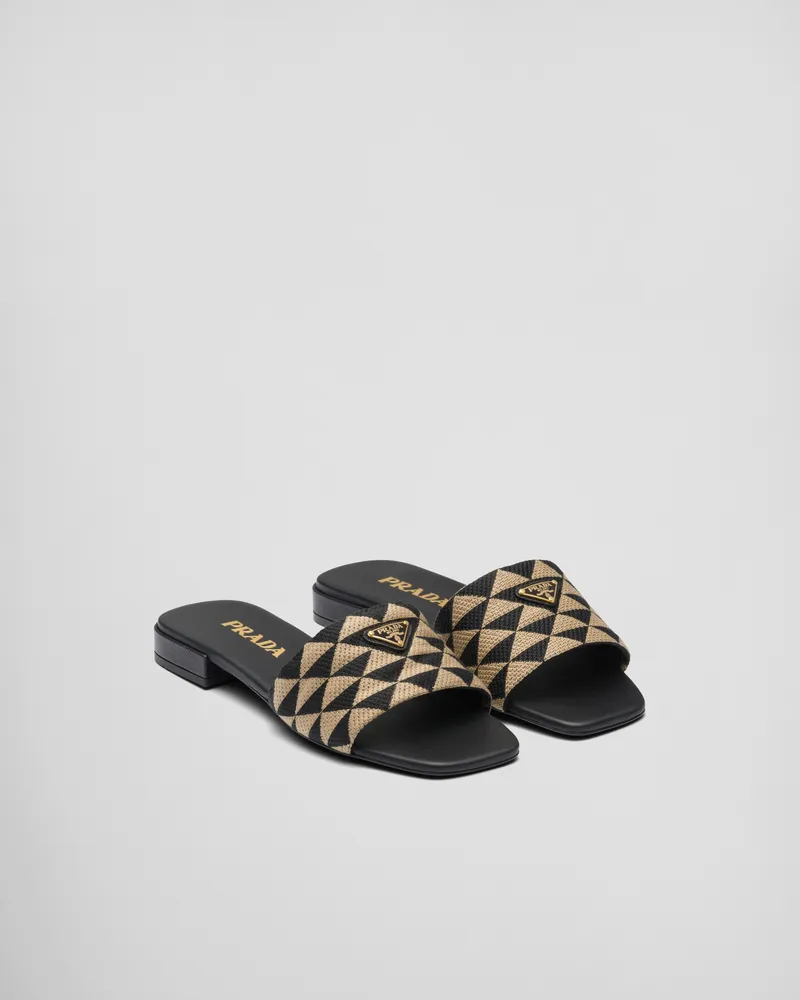 Prada Pantoletten aus besticktem Stoff Schwarz