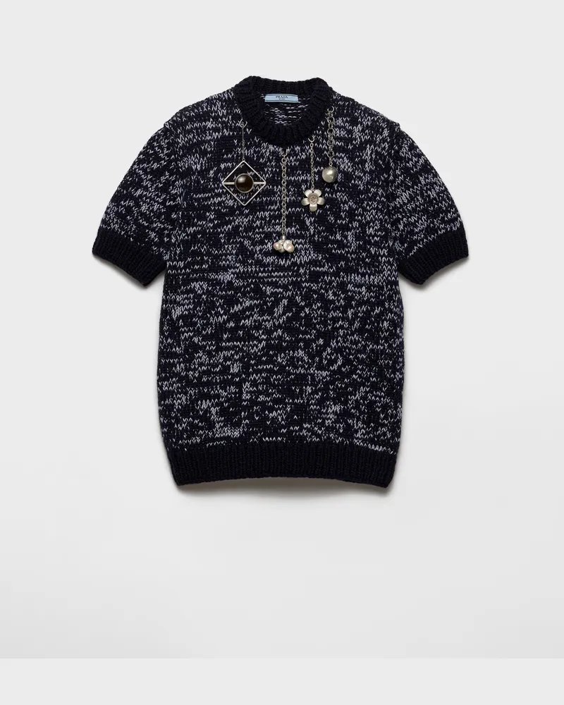 Prada Kurzarm-Pullover aus Wolle mit Anhängern Blau