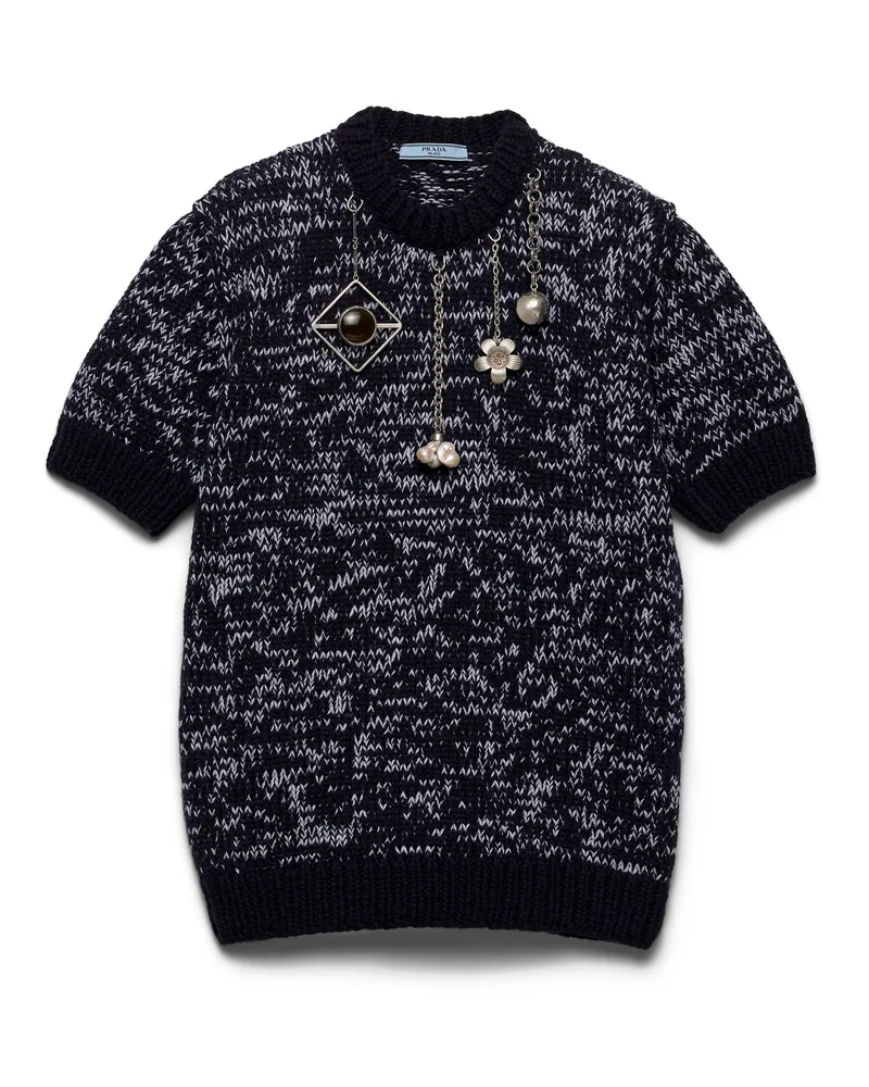Prada Kurzarm-pullover Aus Wolle Mit Anhängern, Damen, Blau/weiss, Größe Blau