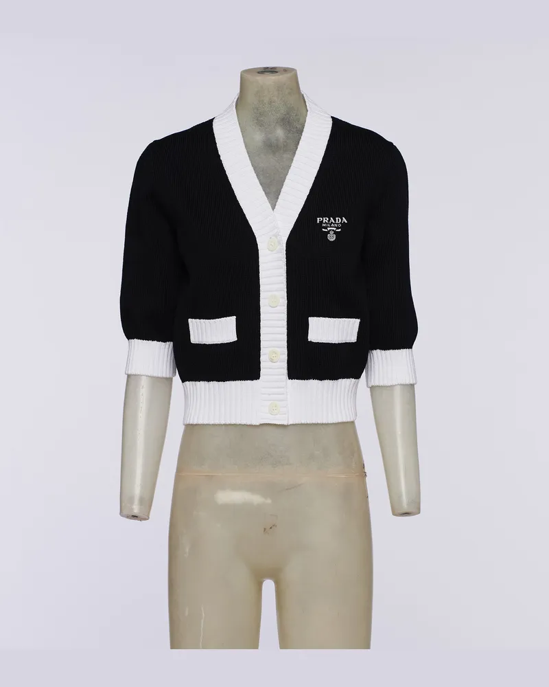 Prada Kurze Strickjacke Aus Baumwolle, Damen, Schwarz/weiss, Größe Schwarz